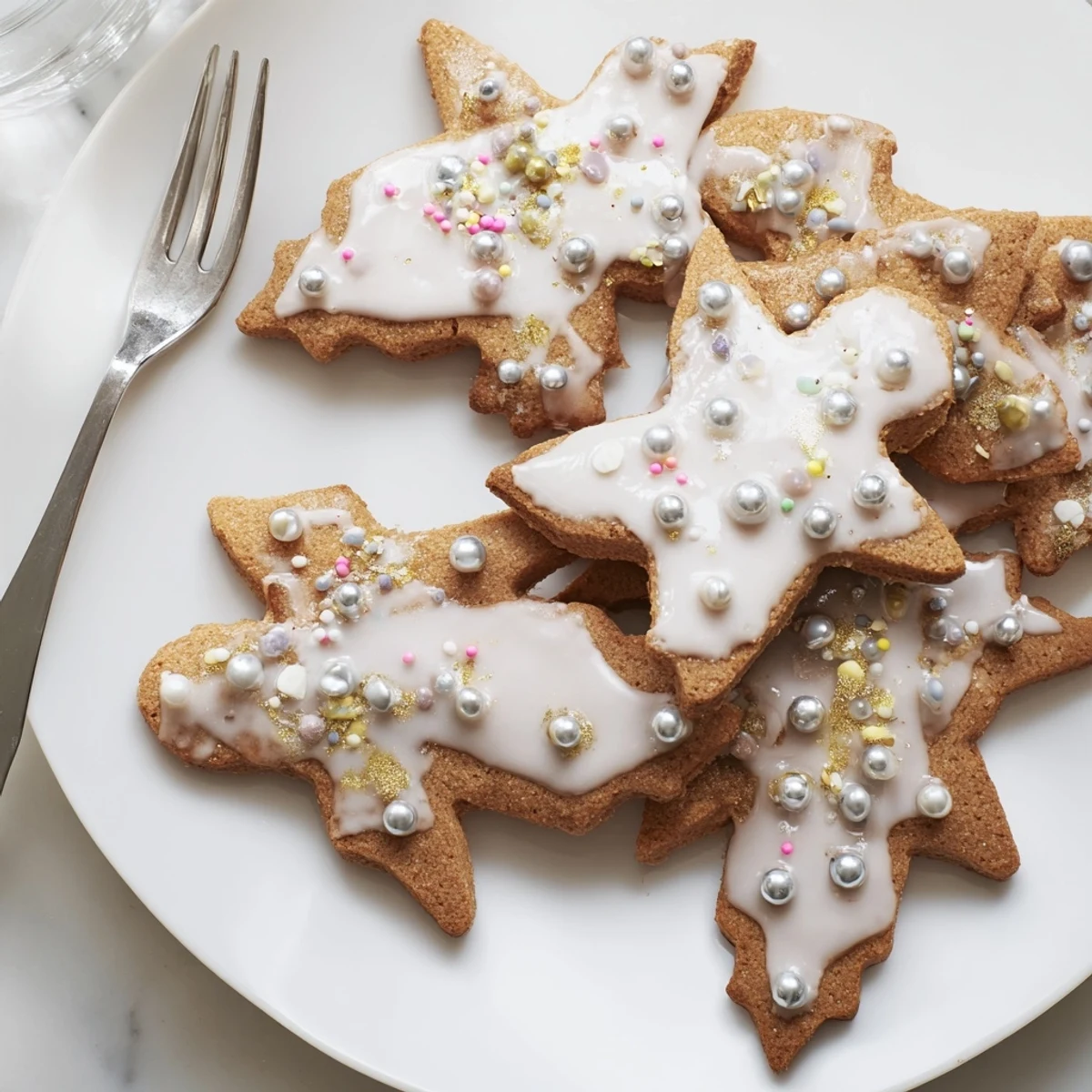 Golden brown Biscuits Anges de Noël, angels shaped cookies, coated in a delightful, sparkly icing.