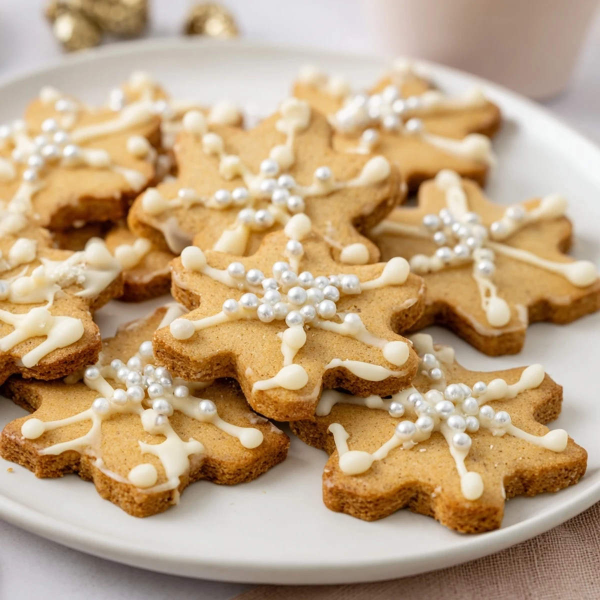 A close-up of a stunning Winter Snowflake Platter, featuring dusted icing sugar and intricate cookie designs.