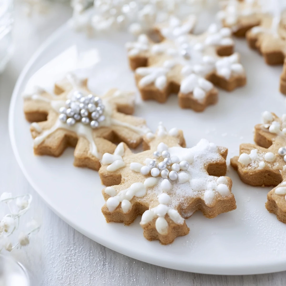 Delicate Winter Snowflake Platter cookies, drizzled with white chocolate and scattered with shimmering sugar pearls.