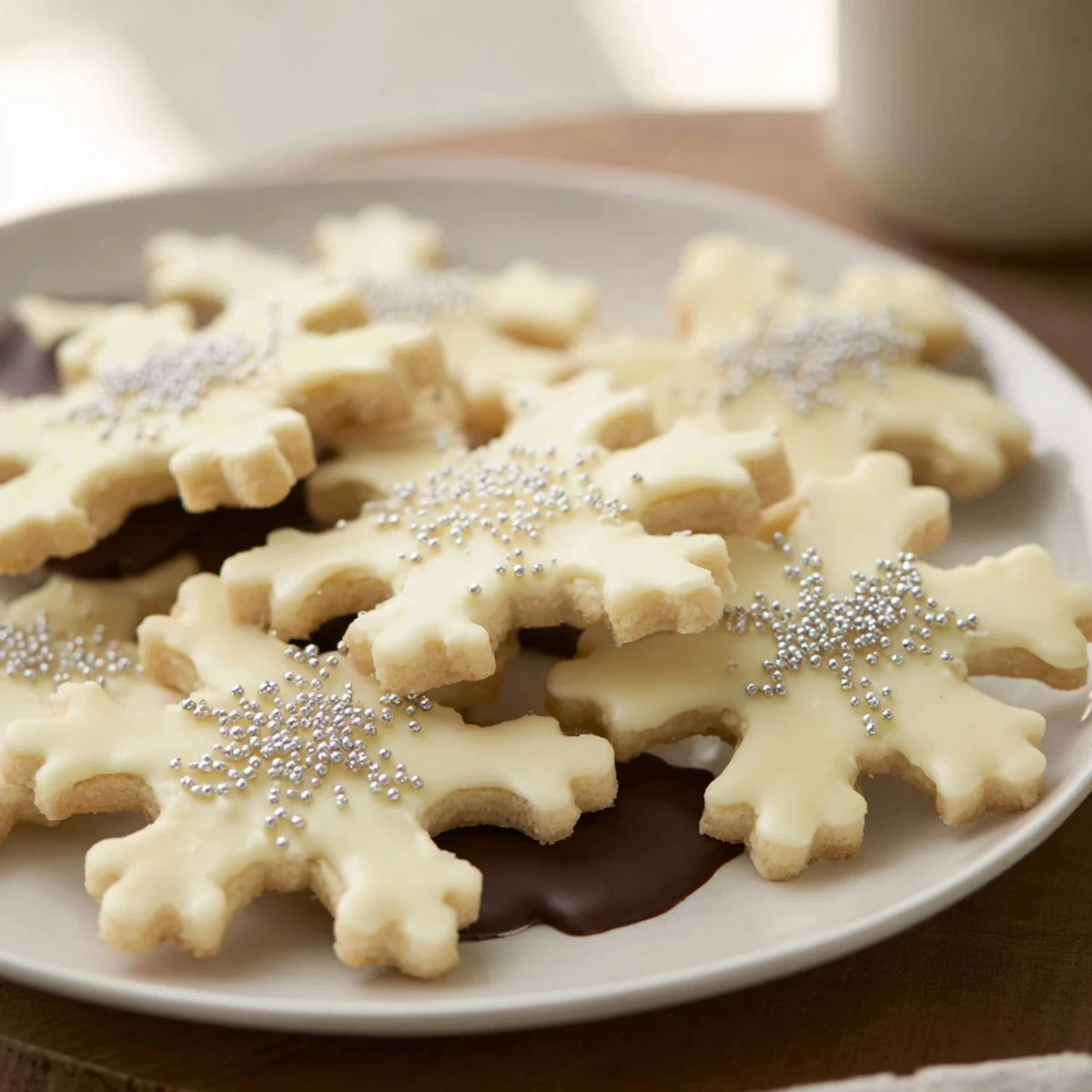 Freshly baked Winter Snowflake Platter cookies, arranged on a festive plate, perfect with hot cocoa.