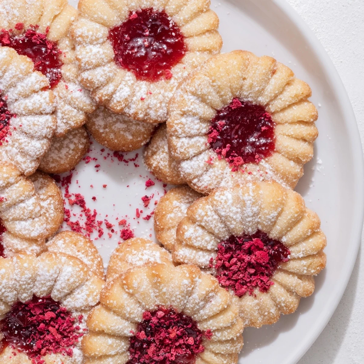 Beautiful, festive raspberry wreath cookies, dusted with powdered sugar, perfect for a holiday dessert platter.