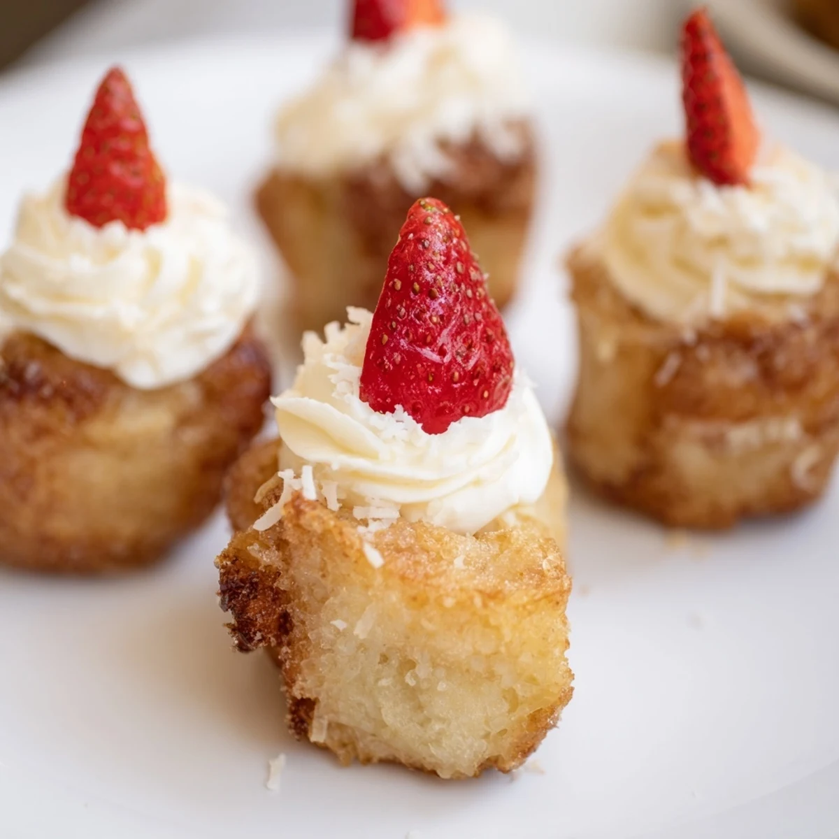 Santa Hat Bread Pudding Bites, golden baked and topped with whipped cream and a festive strawberry.