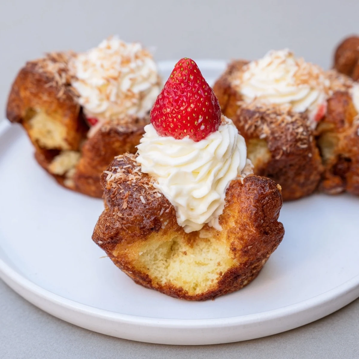 A plate of colorful Santa Hat Bread Pudding Bites made from soft bread and creamy custard.