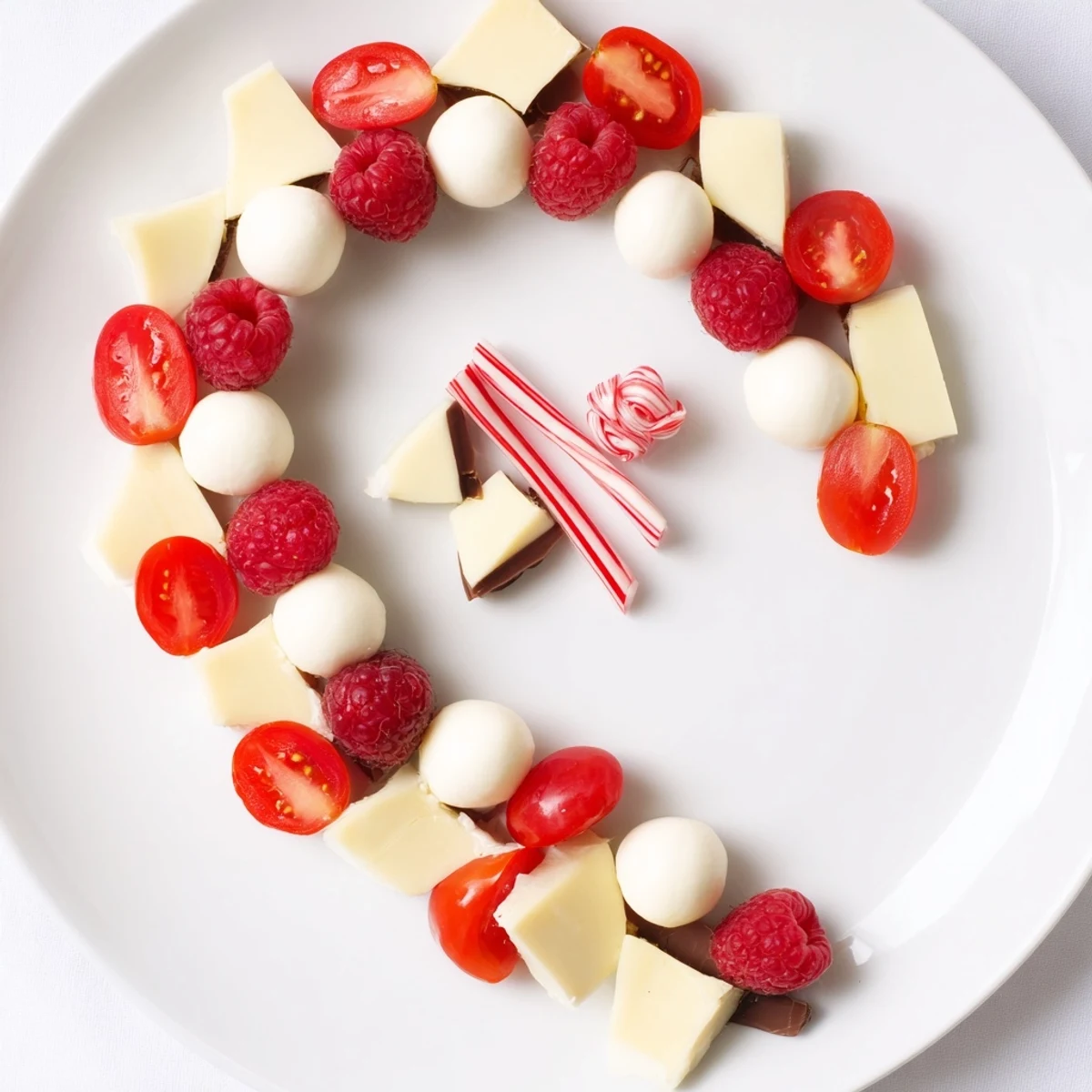Vibrant Festive Red and White Candy Cane Snack Board, filled with sweet treats, perfect for holiday entertaining.