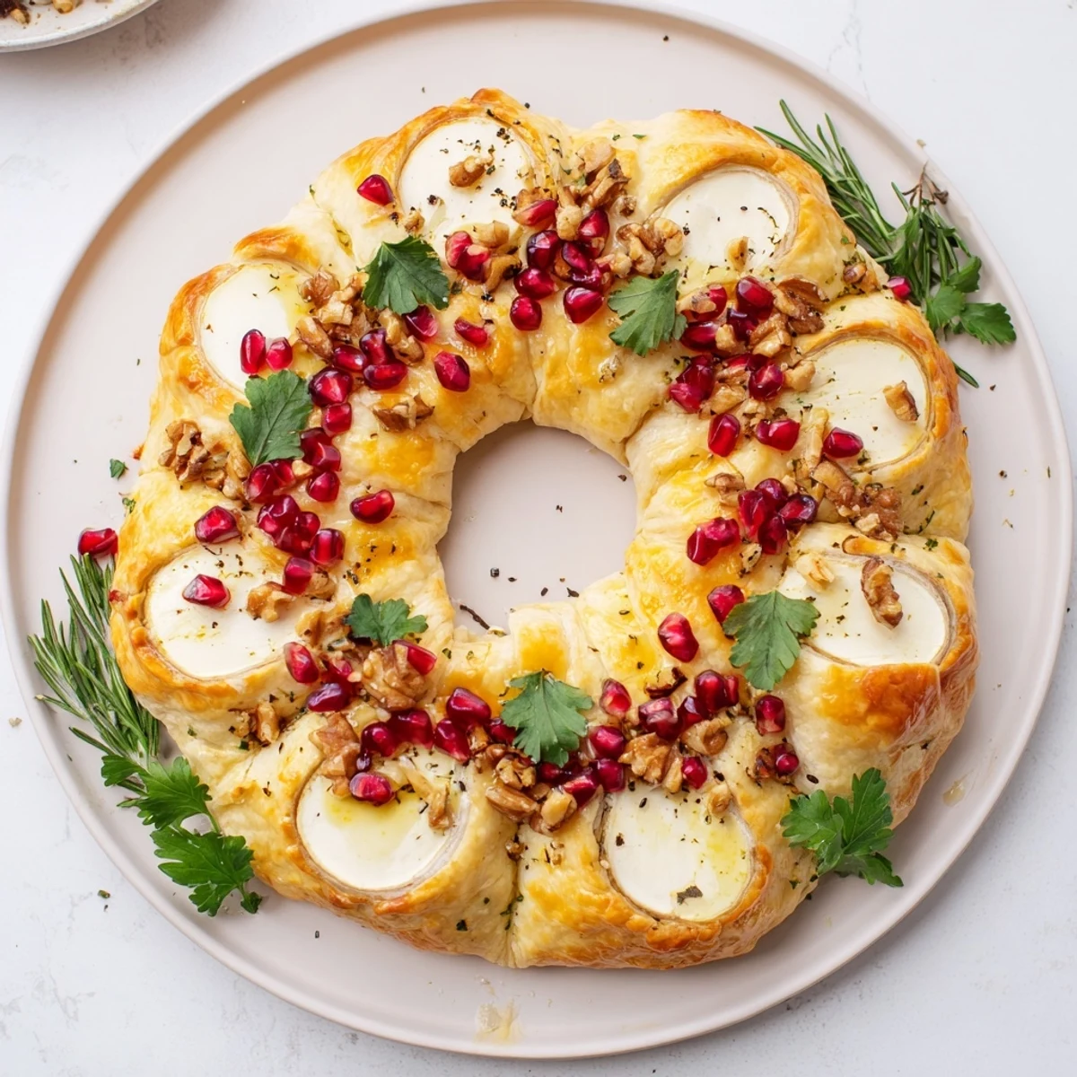 Warm, golden Pomegranate and Brie Wreath, a beautiful holiday appetizer ready to serve with crackers.