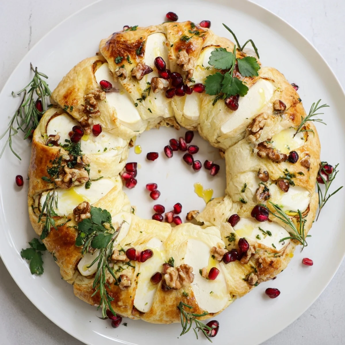 Festive Pomegranate and Brie Wreath: a visually stunning, baked appetizer featuring ripe brie, drizzled with honey.