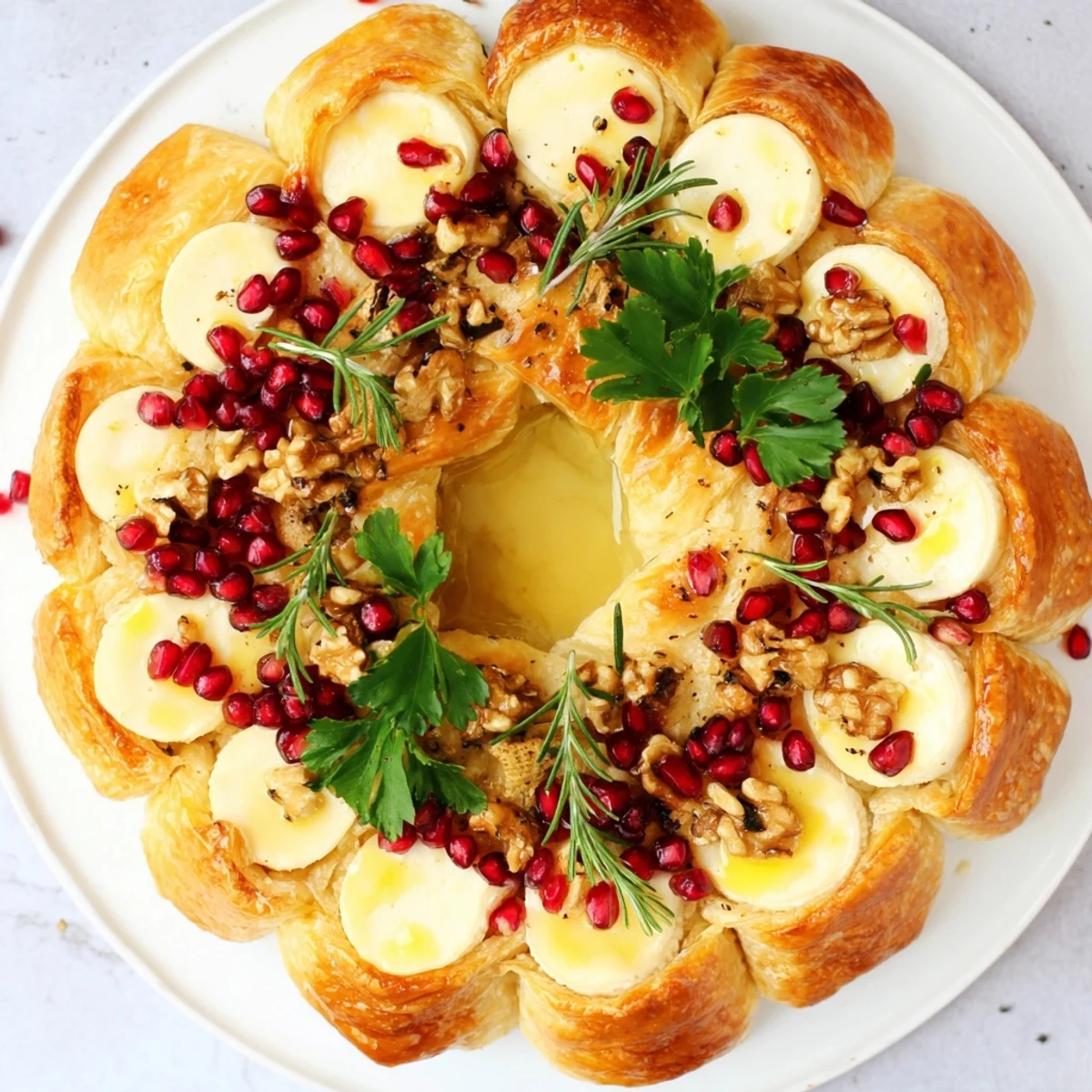 Savory Pomegranate and Brie Wreath: flaky puff pastry swirled around creamy cheese, dotted with ruby pomegranate seeds.