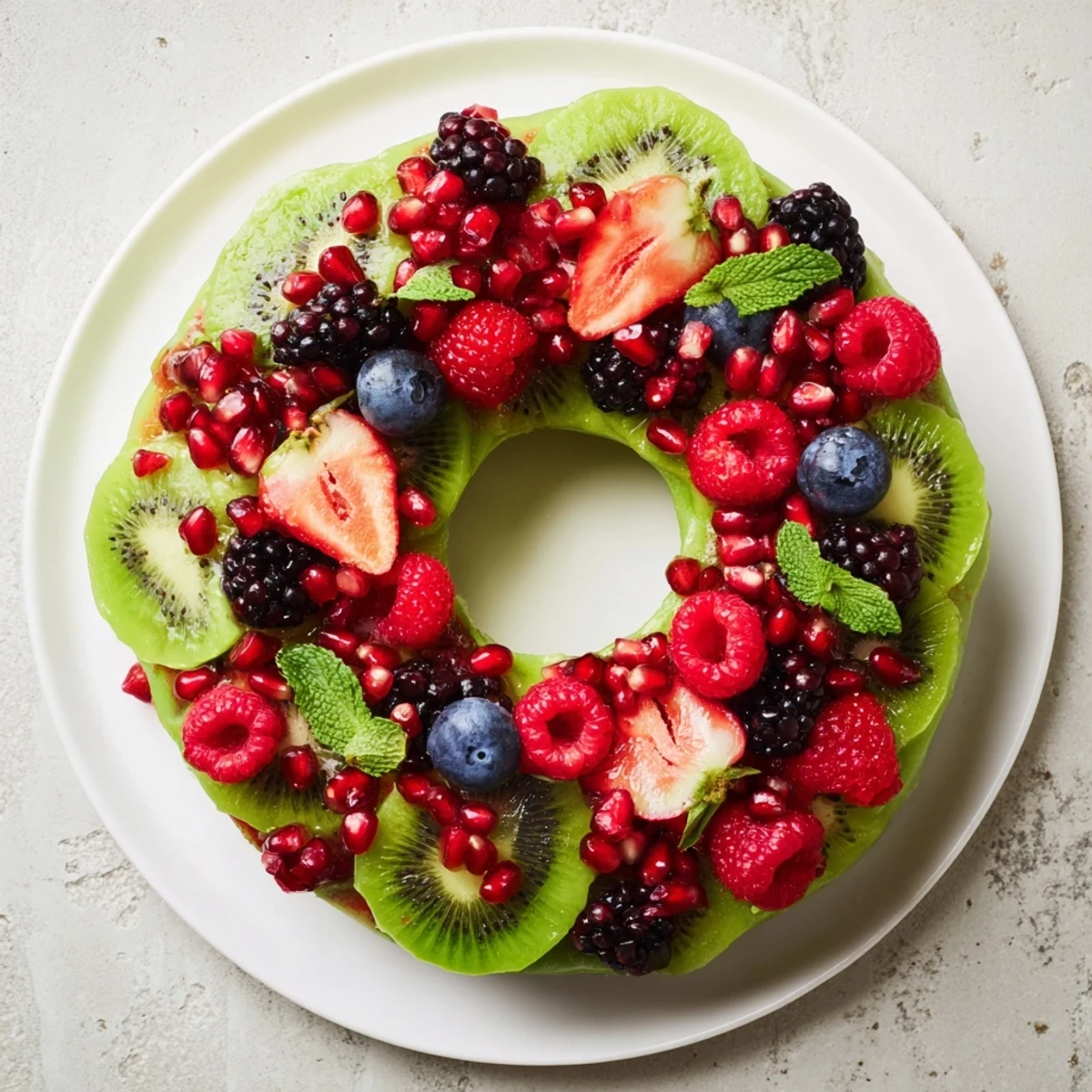 Fresh kiwi slices form a base for this beautiful fruit plate, featuring ripe berries in this holiday wreath.