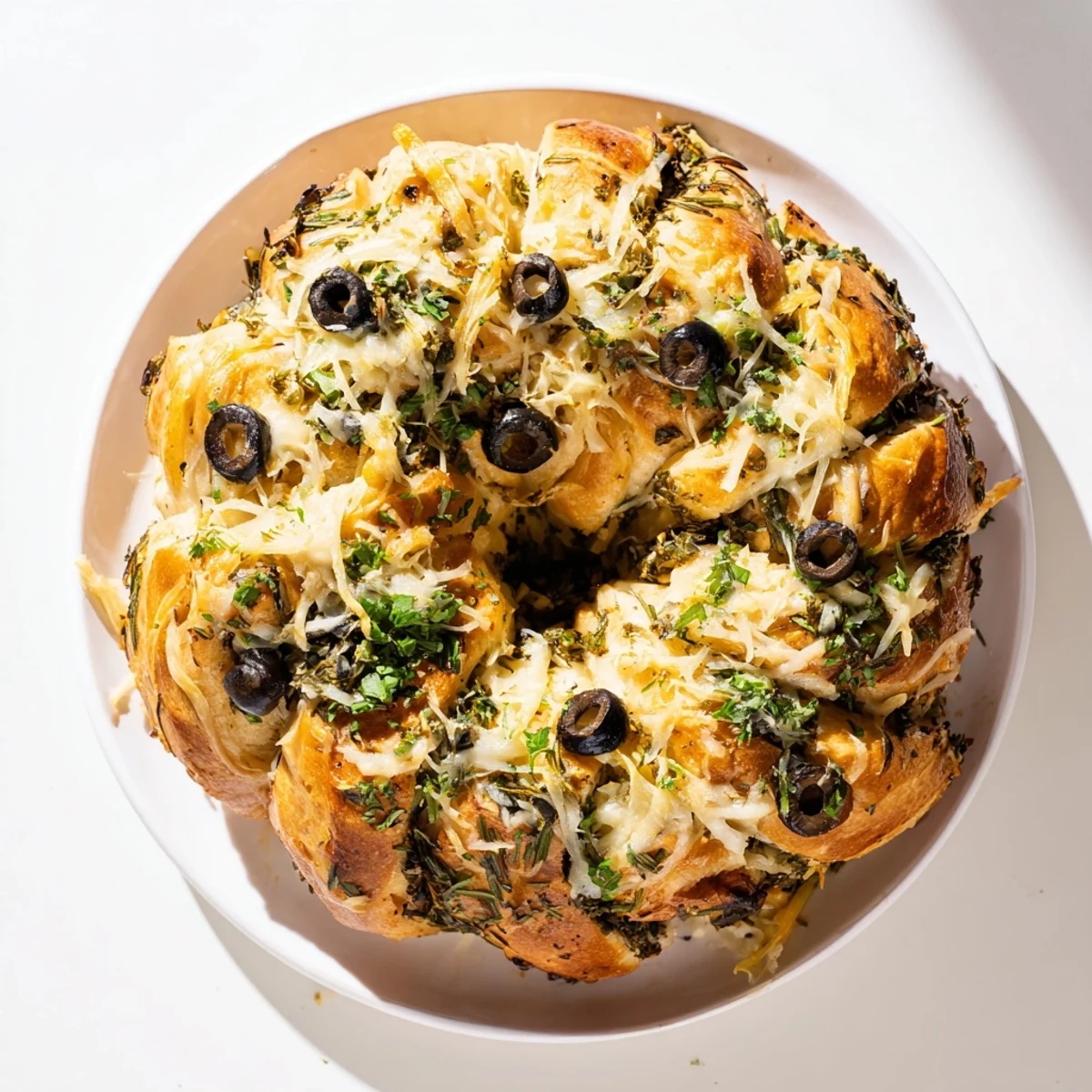 Savory Herb and Cheese Olive Wreath, golden and fragrant, ready for your next holiday appetizer.