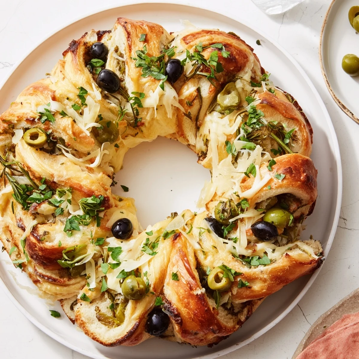 This warm, pull-apart Savory Herb and Cheese Olive Wreath features melted cheese and fresh herbs, perfect for sharing.