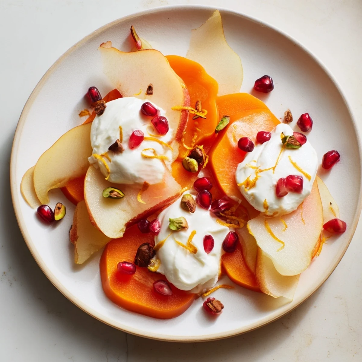 See this delightful Winter Fruit Snowscape, a beautifully arranged dessert, showcasing vibrant persimmons.