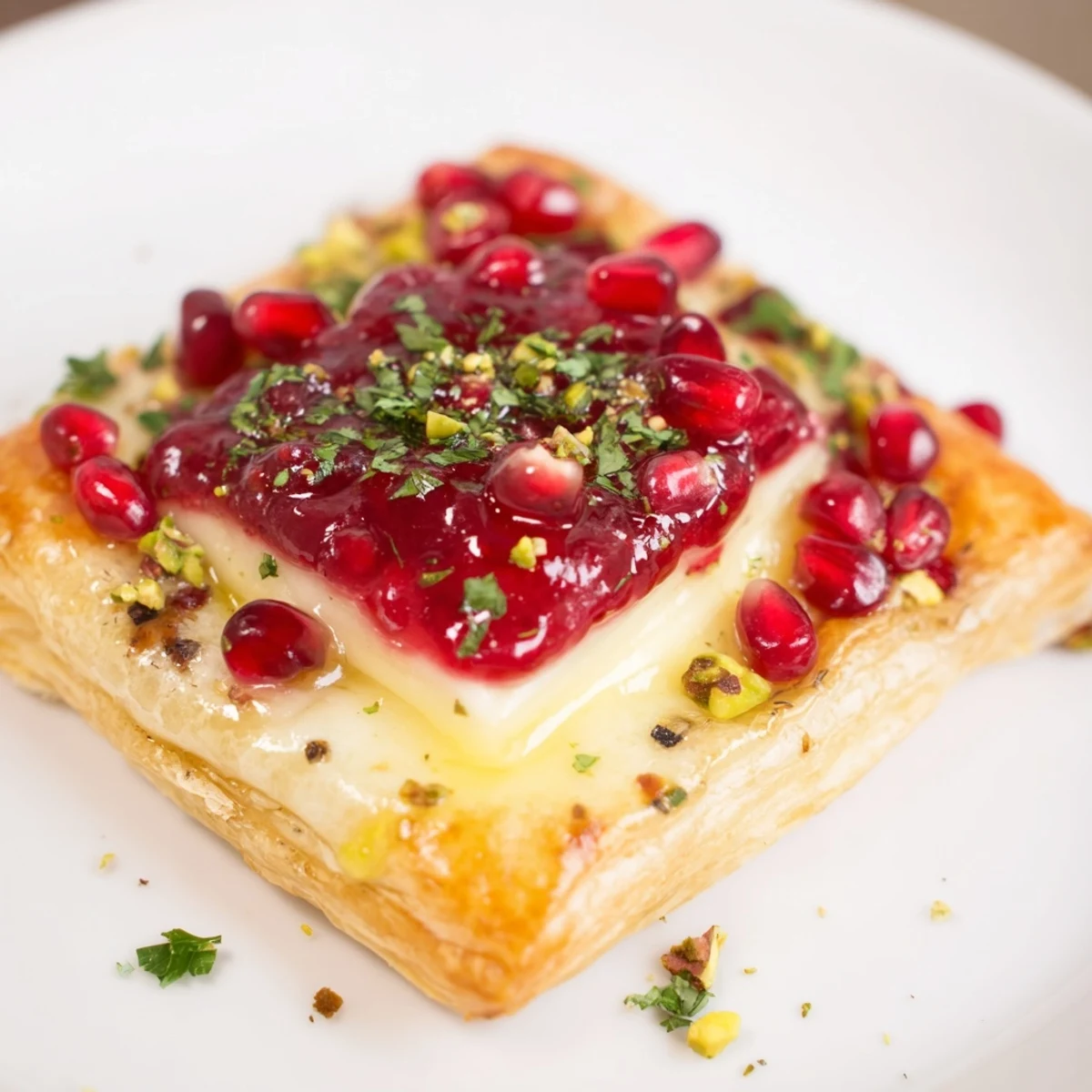 Golden-baked Fireworks Brie Tartlets, oozing melted cheese with vibrant fruit topping for a New Years appetizer.