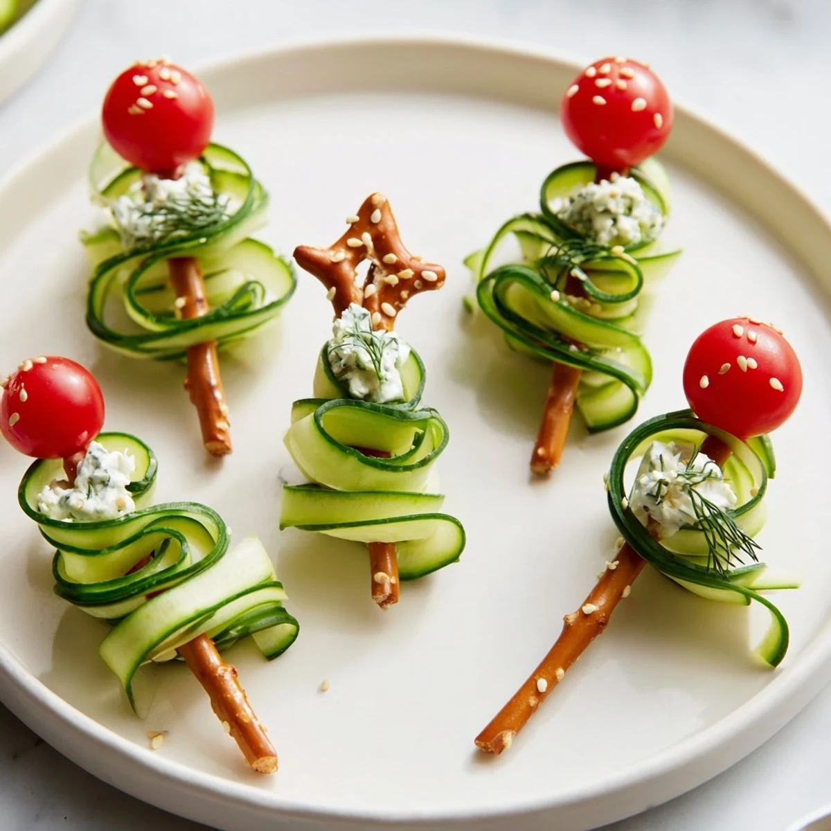 Crisp cucumber ribbon Christmas trees appetizer with creamy cheese and vibrant cherry tomato toppings.