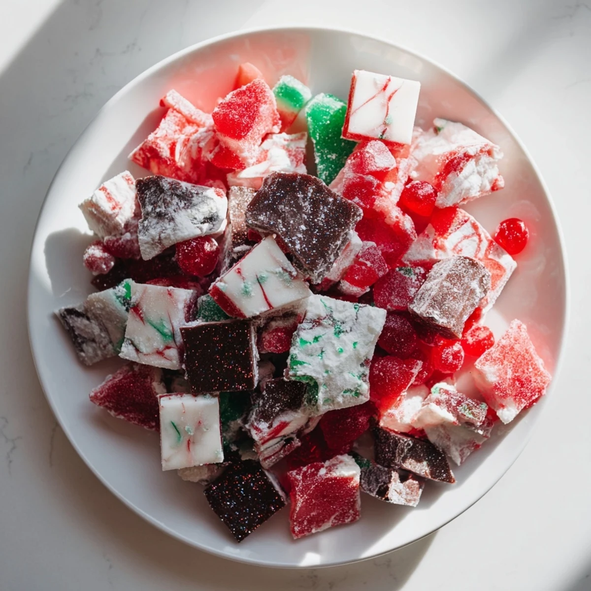A beautifully arranged Jingle Bell Rock Candy display with colorful, shimmering sugar crystals and chocolates.