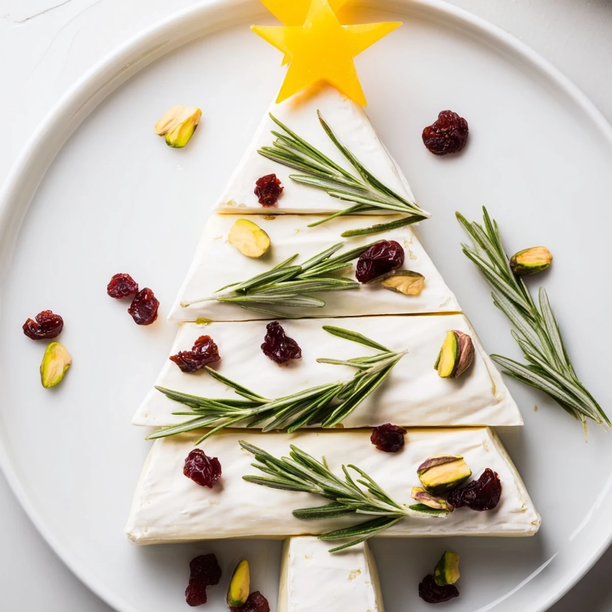 Triangle Brie Cheese Tree arranged with rosemary and cranberries, ready to enjoy as a festive appetizer.