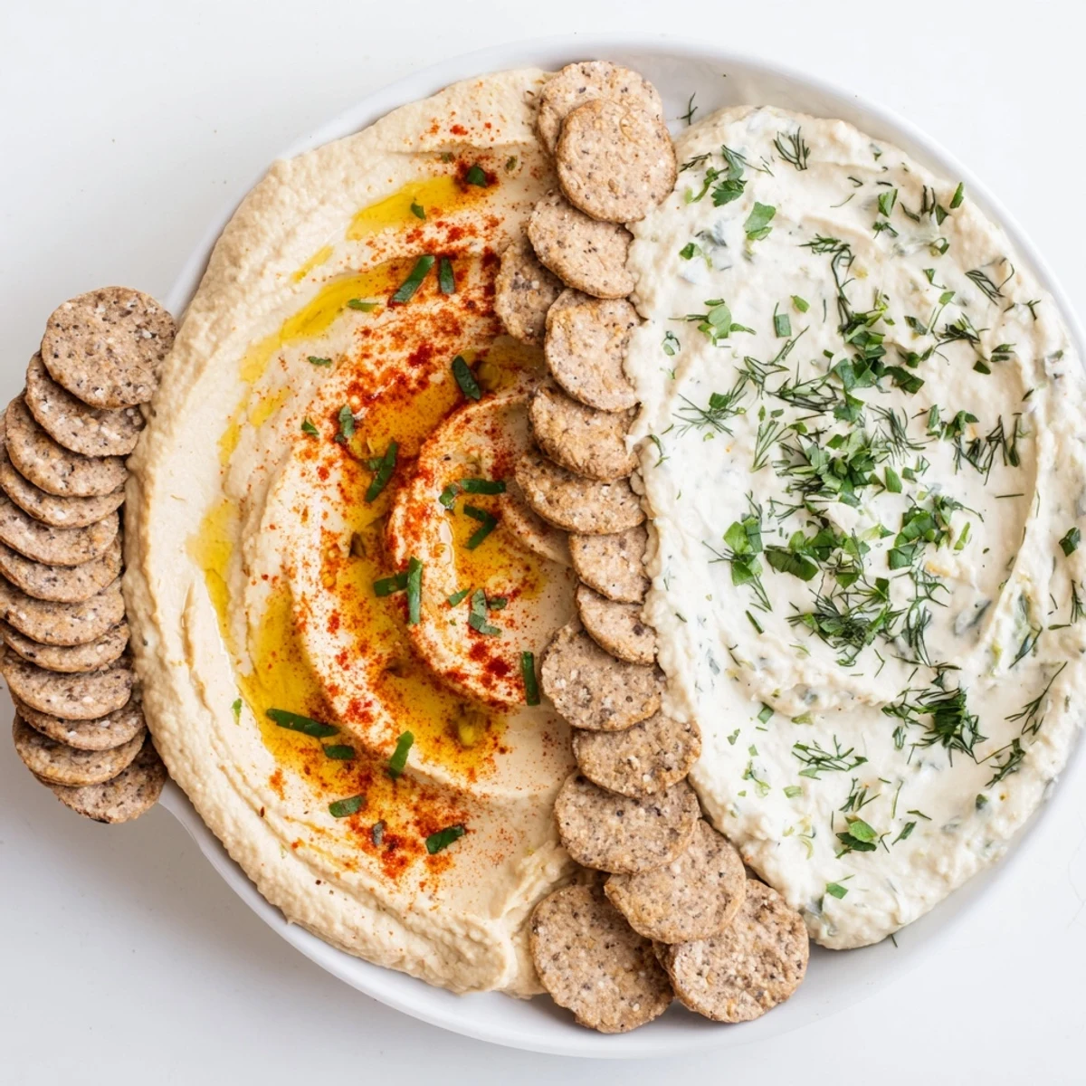 These Easy Dips feature vibrant dips separated by a delicious cracker divider, perfect for sharing.