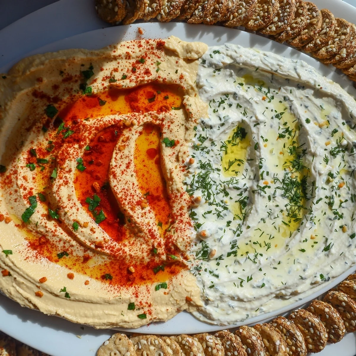 Fresh parsley and paprika garnish the Easy Dips, displayed with a beautiful line of crackers.