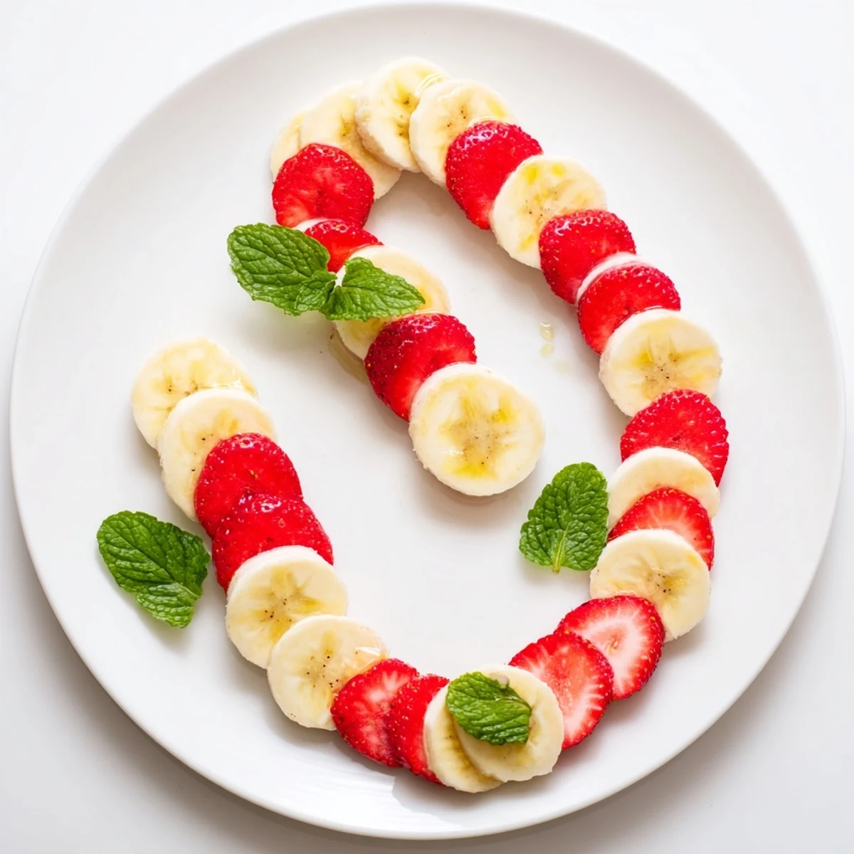 Vibrant photo: sliced banana and strawberry rounds create a fun, healthy Banana Strawberry Candy Cane snack.