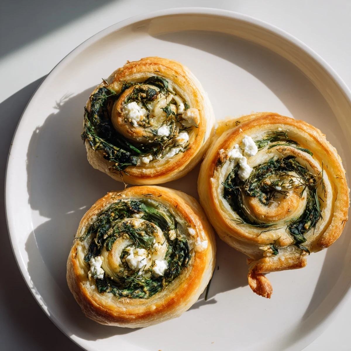 Close-up of baked spinach feta pinwheel spirals, revealing a flaky pastry crust and cheesy filling.