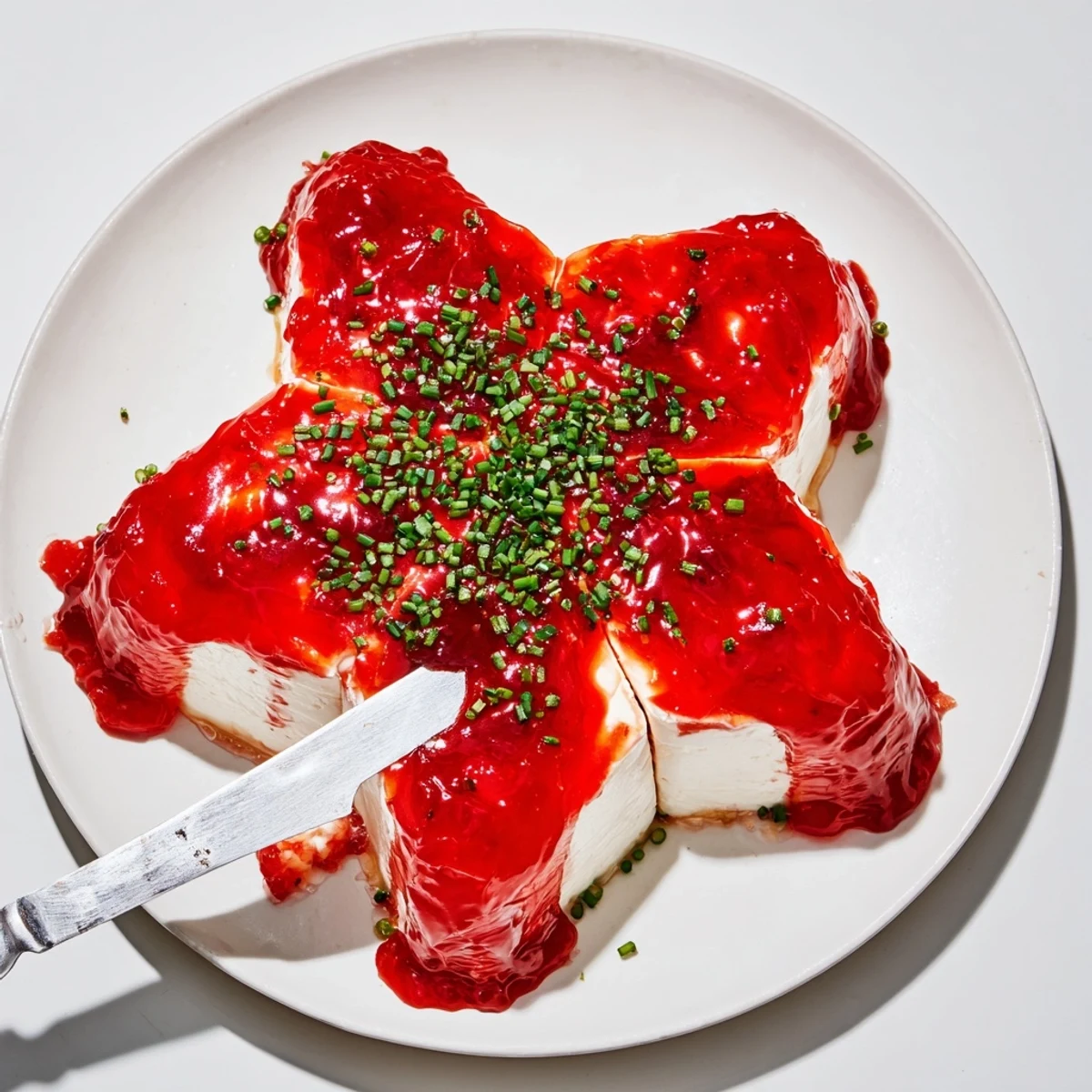 Cream Cheese and Pepper Jelly Star Appetizer: a beautifully styled star of cream cheese and glossy pepper jelly on a platter.