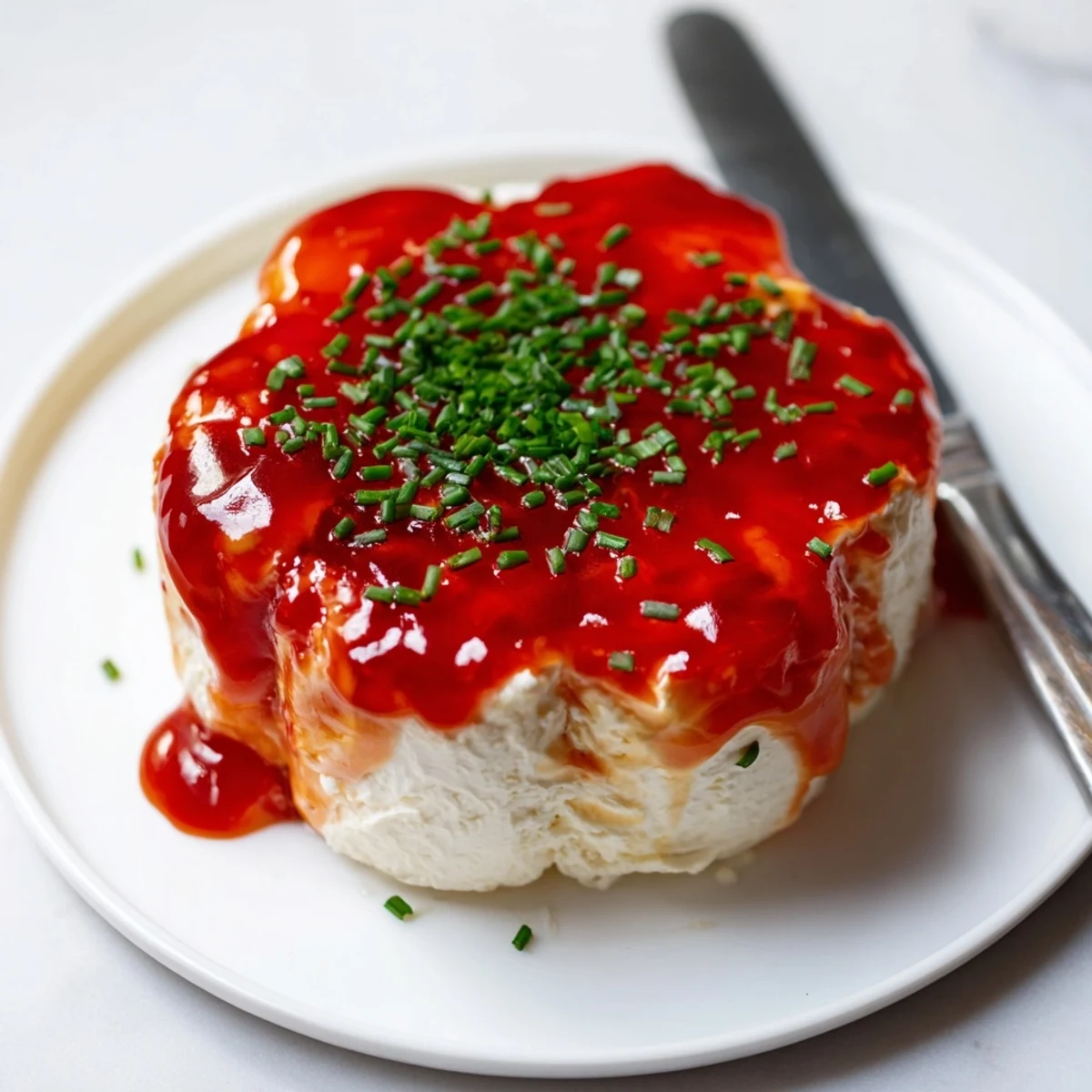 Tangy cream cheese star appetizer with sweet pepper jelly, ready to be served with crackers and fresh herbs.