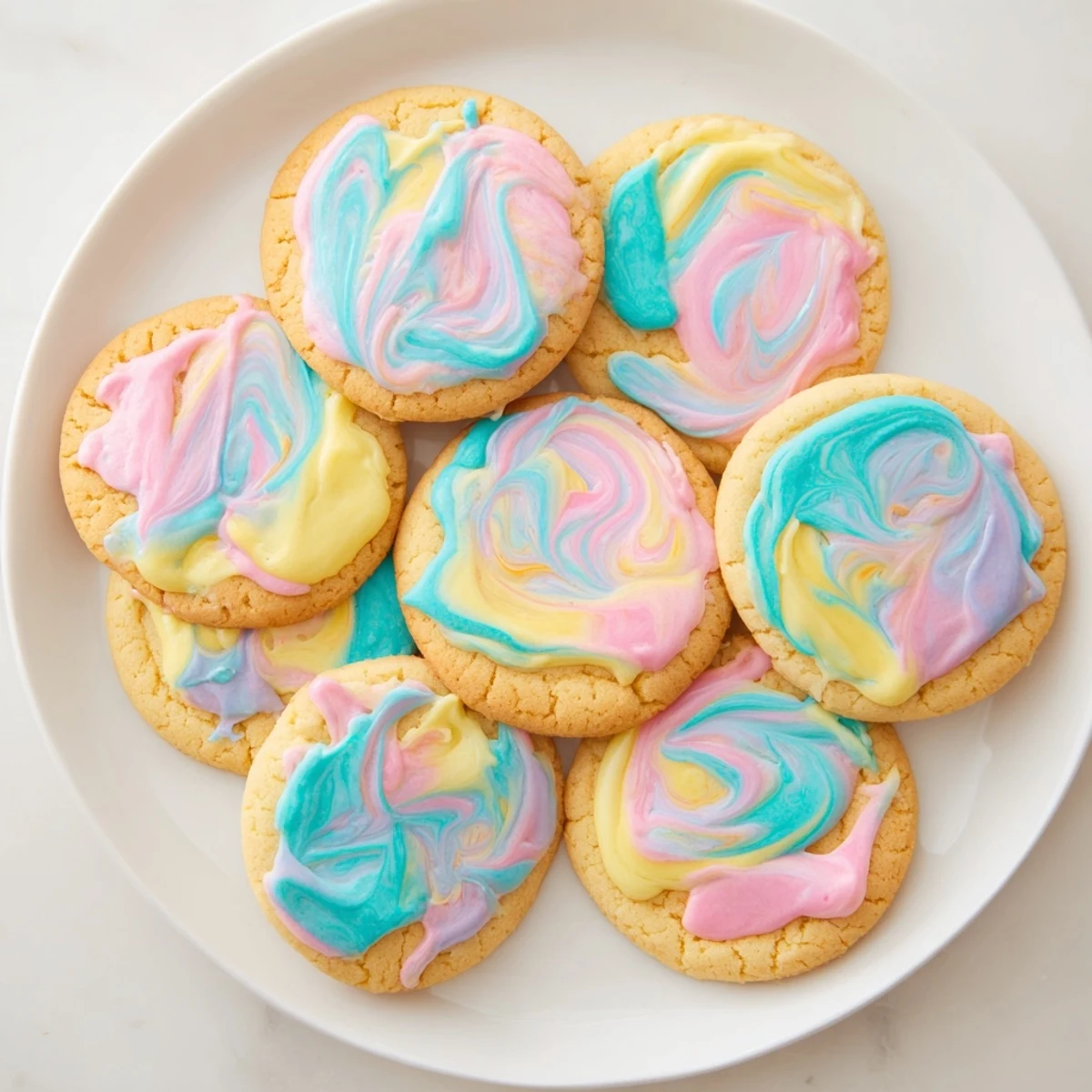 Freshly baked sugar cookie plate with colorful icing drizzle, ready to enjoy.