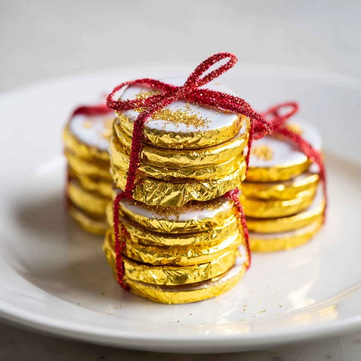 Shiny edible gold coin stacks, a festive dessert centerpiece prepared in minutes.