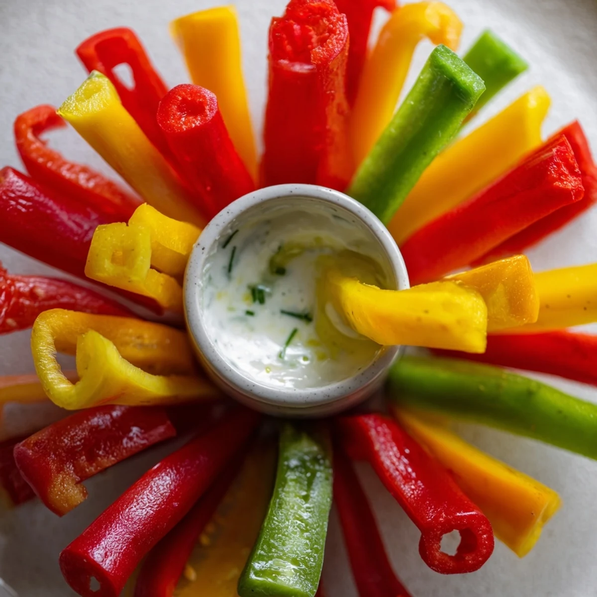 Crisp, colorful bell pepper strips surrounding a creamy dip, a perfect Bell Pepper recipe.