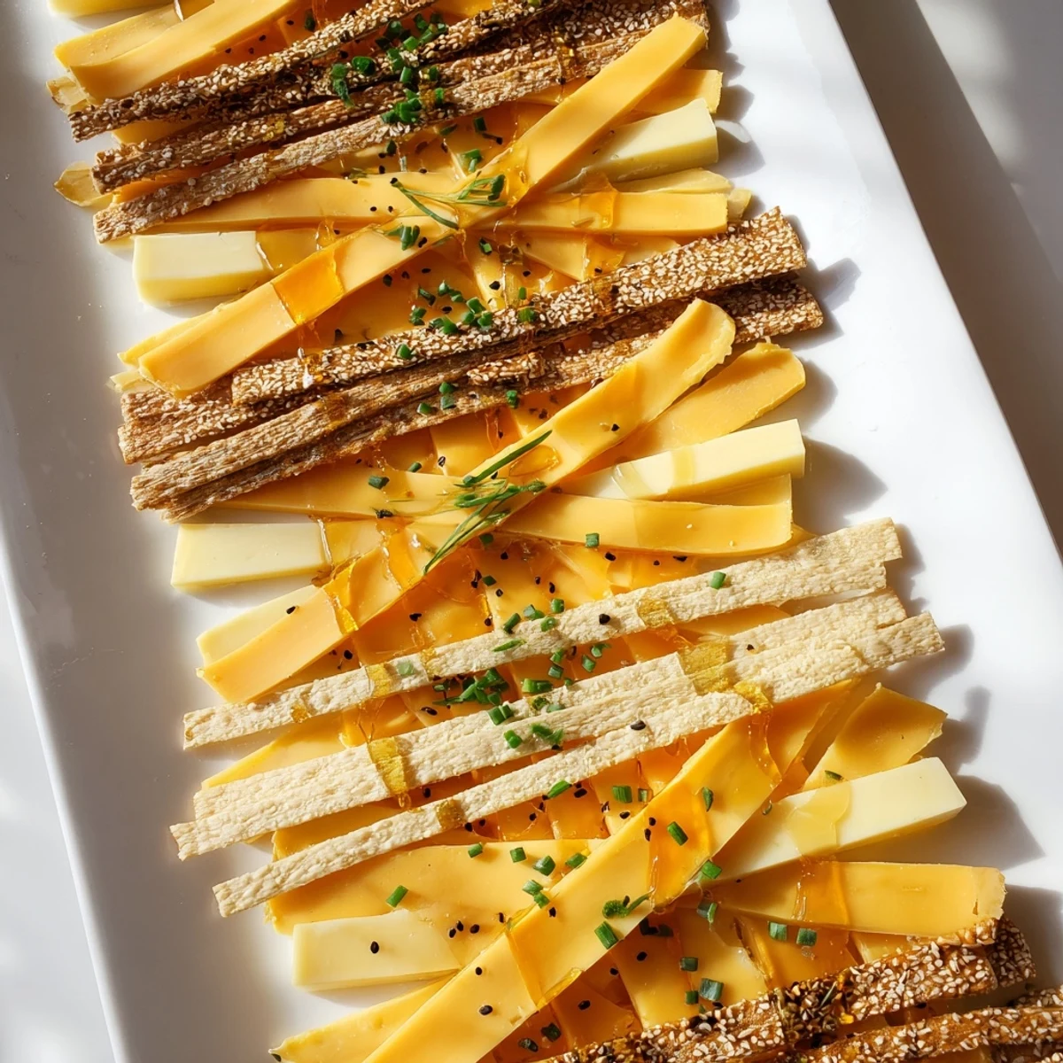 Enjoy a visual feast with a Garden Gate Lattice appetizer, perfect for a party, featuring colorful cheeses.