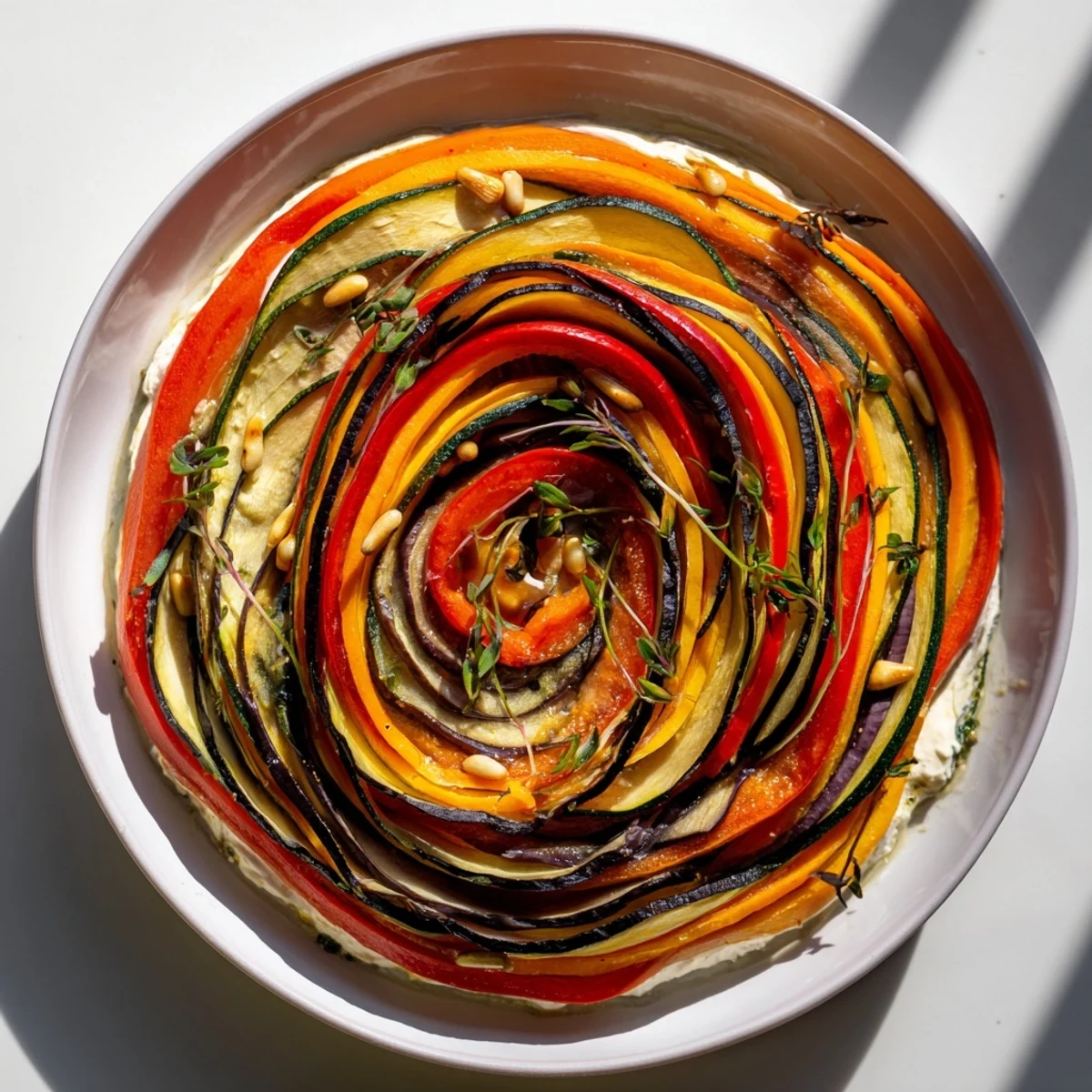 Elegant The Snail Shell Spiral appetizer with colorful roasted vegetables beautifully arranged around creamy goat cheese.