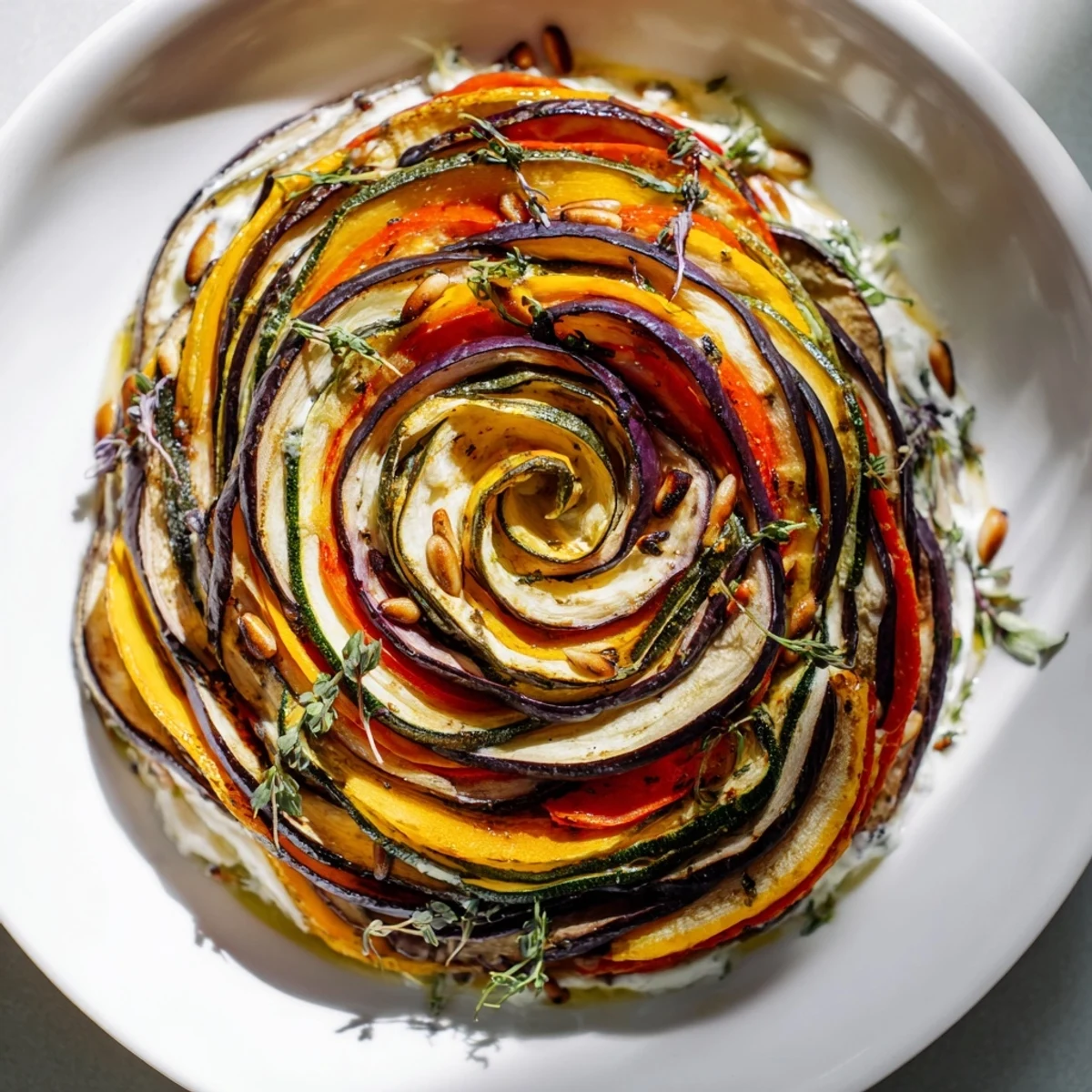 Exquisite The Snail Shell Spiral shows a vegetarian appetizer spiral with layered roasted vegetables, ready to serve and enjoy.