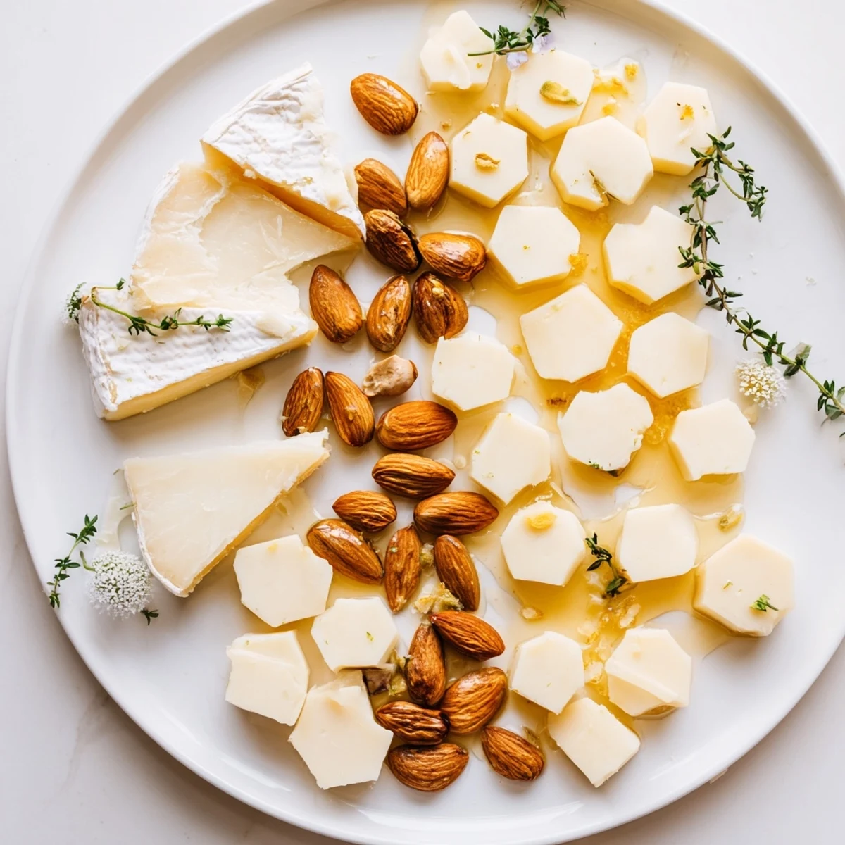 Honeycomb Hexagon Maze cheese platter with glistening honey drizzle and vibrant garnishes.