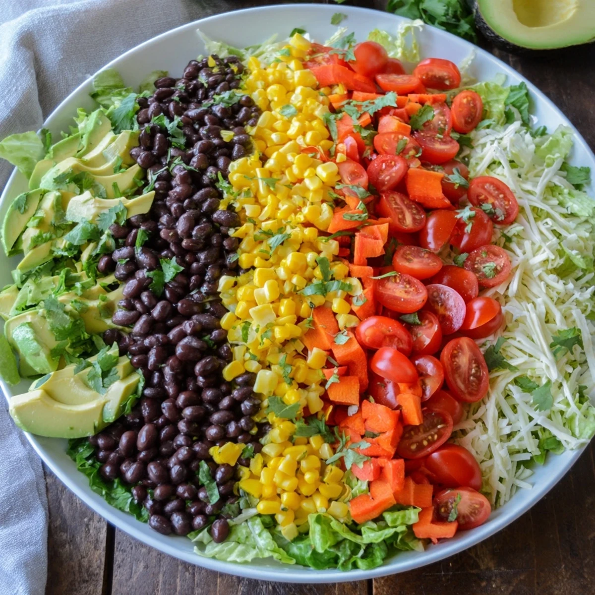 Imagine a clear glass bowl filled with a Southwest Sunset Palette, a layered salad bursting with fresh flavors.