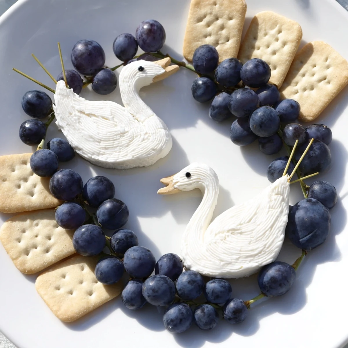 Elegant Swan Lake Board with cheese swans and vibrant blue grapes for an appetizer.
