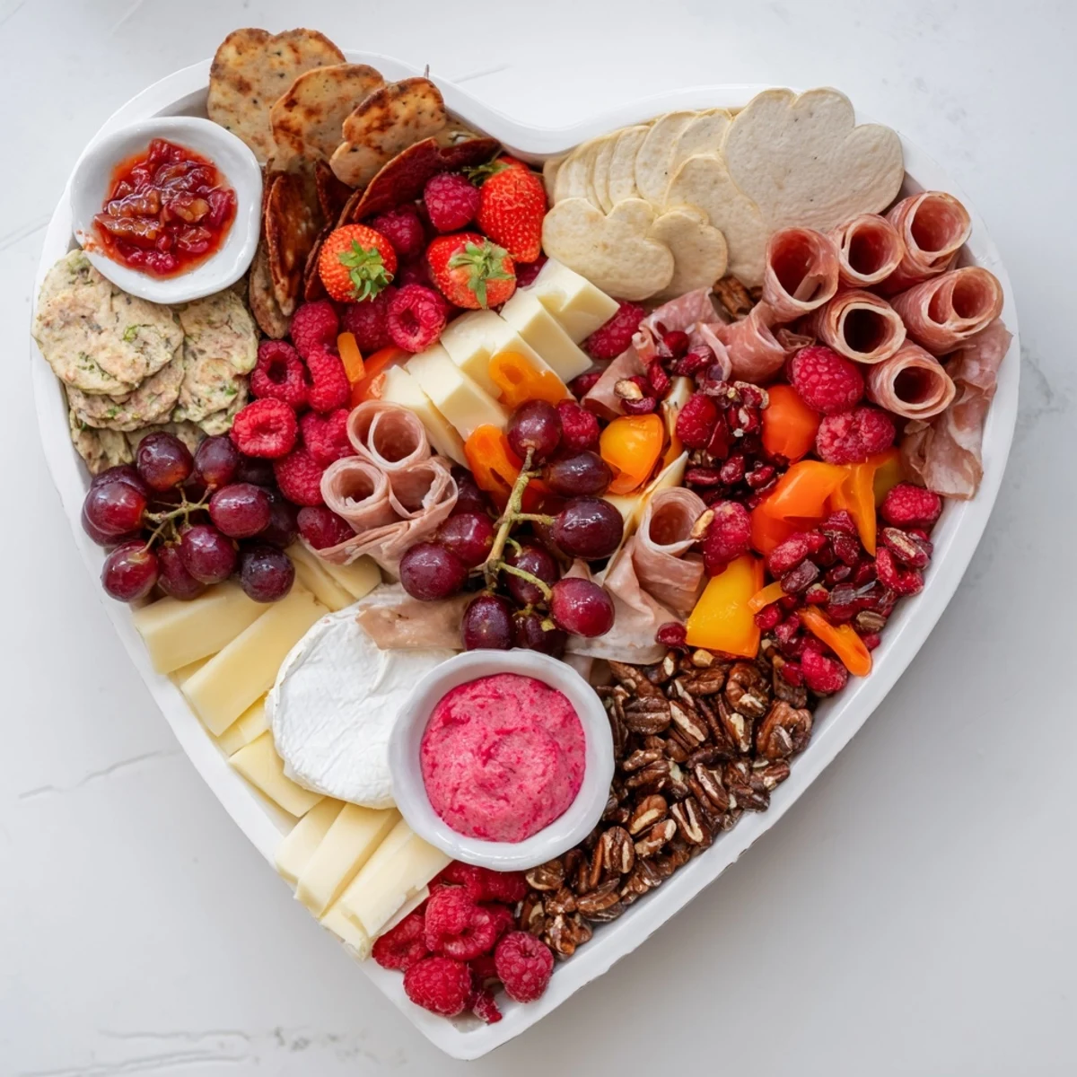 Valentine's Day Heart of Romance Board overflowing with fresh fruits, meats, and cheeses, a visually stunning appetizer.