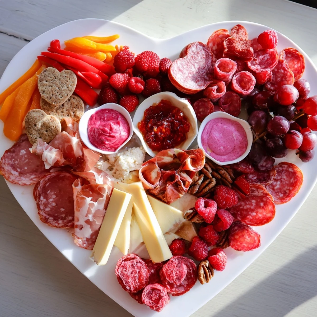 A gorgeous Heart of Romance Board, with vibrant red fruits complementing creamy cheeses for a special occasion.