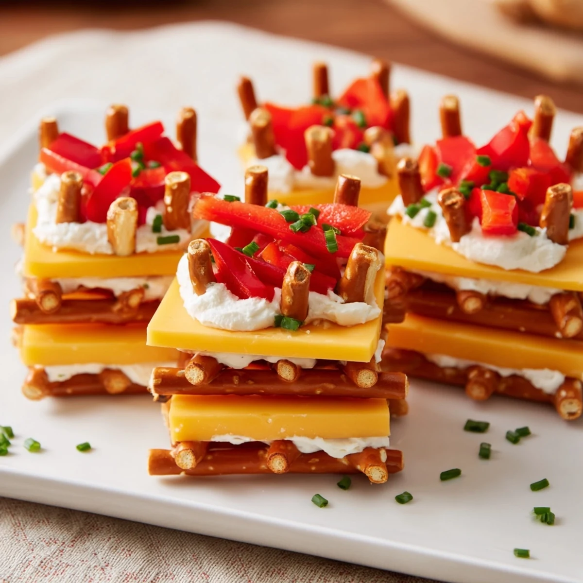 Golden cheese and pretzel layers form this perfect Rustic Log Cabin appetizer, ready to enjoy.