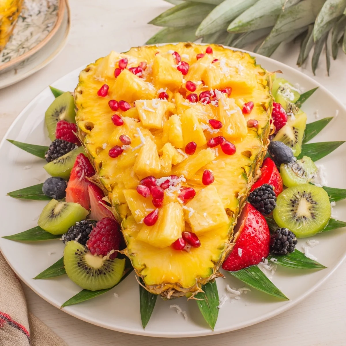 Vibrant Tropical Pineapple Paradise fruit platter: imagine a pineapple boat overflowing with colorful, juicy fruit.