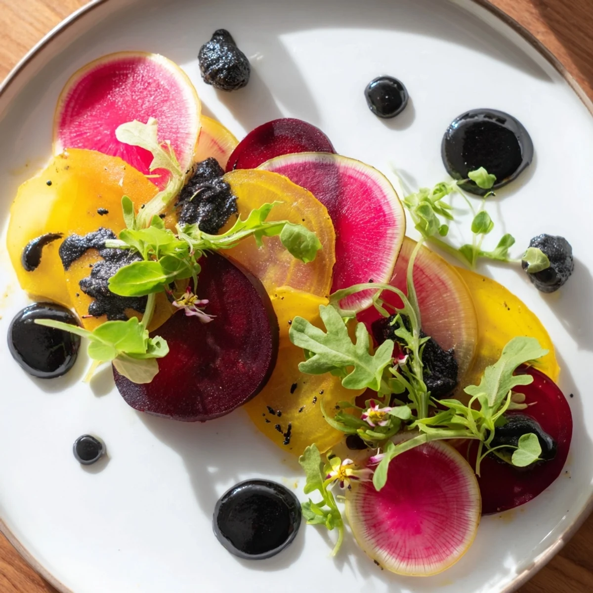 A visually stunning The Shadow Play appetizer: layered golden beets, blackberries, and black olives create a delicious composition.