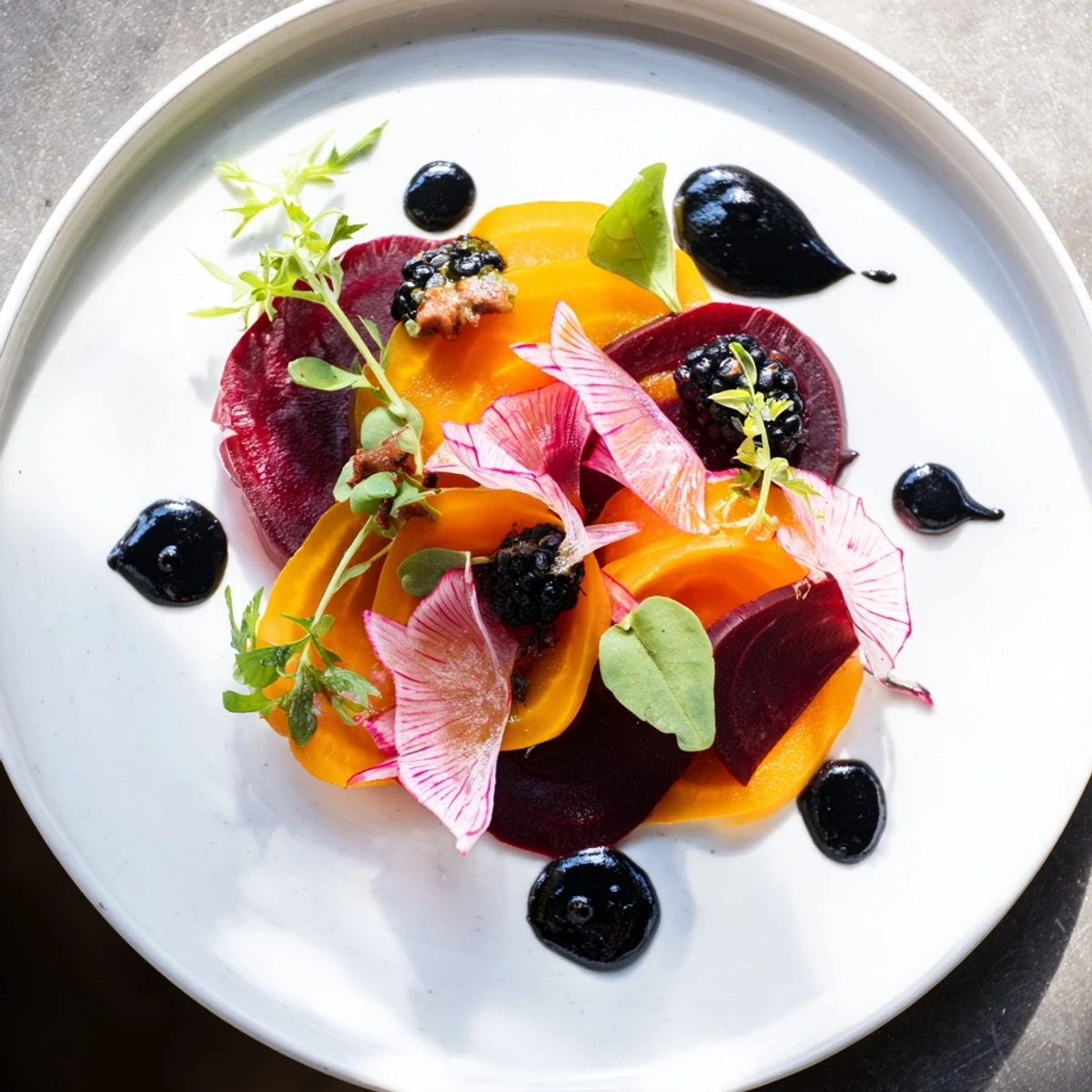 Elegant The Shadow Play appetizer features contrasting colors: red beets, arugula, and a drizzle of vibrant dressing and tahini.
