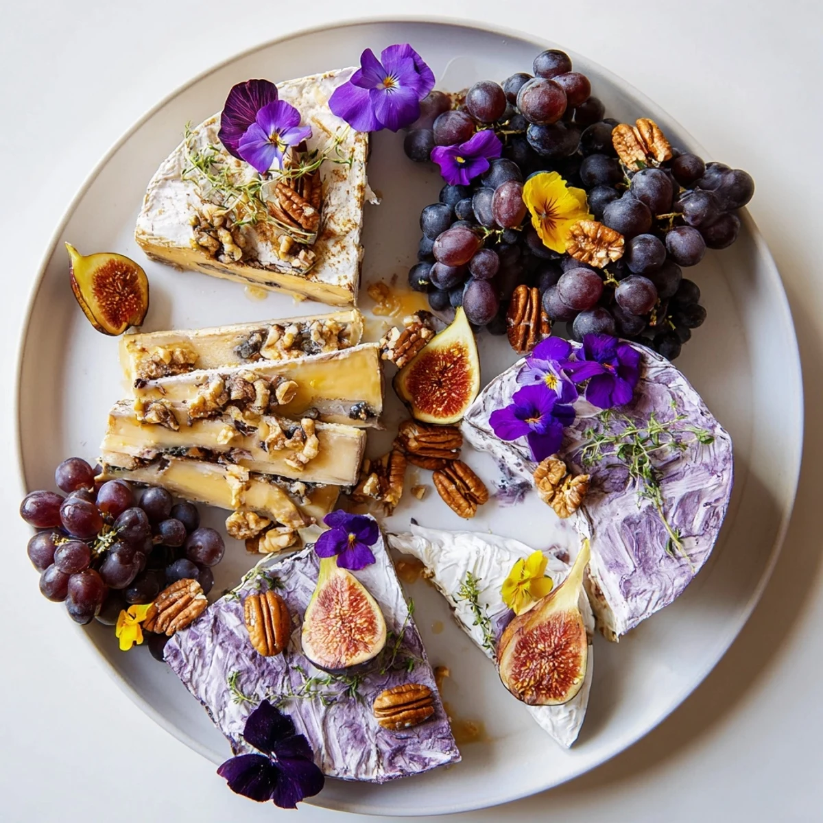 A beautifully arranged The Lavender Haze cheese platter featuring goat cheese, brie, and fresh grapes.