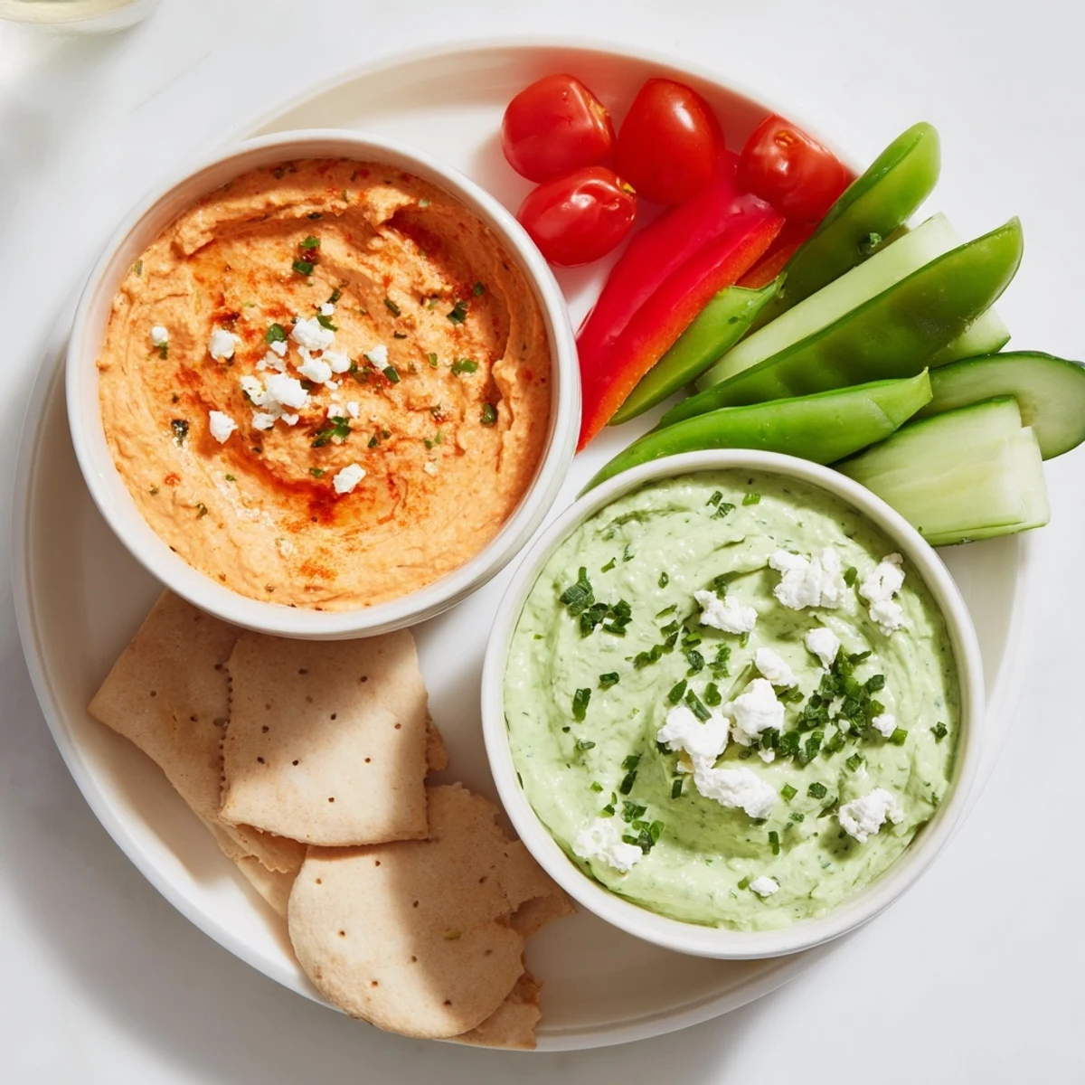 Festive Dip Duo Board with vibrant red roasted pepper dip and green goddess dip with fresh veggies.