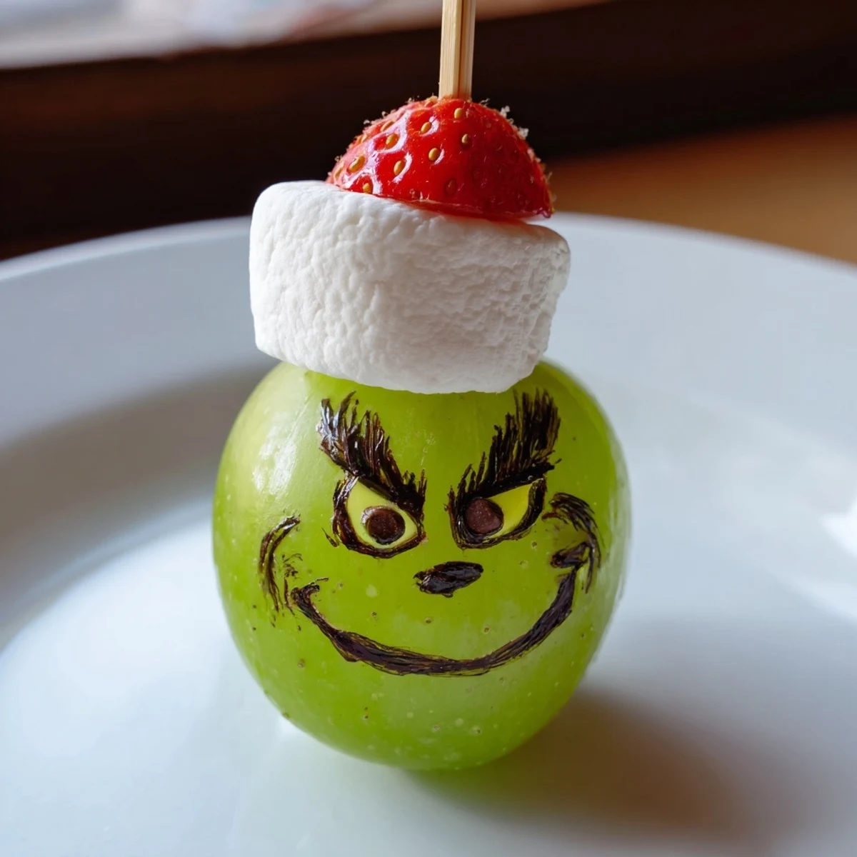 Grinch Snack faces: cheerful green grapes and marshmallow hats ready for holiday fun.