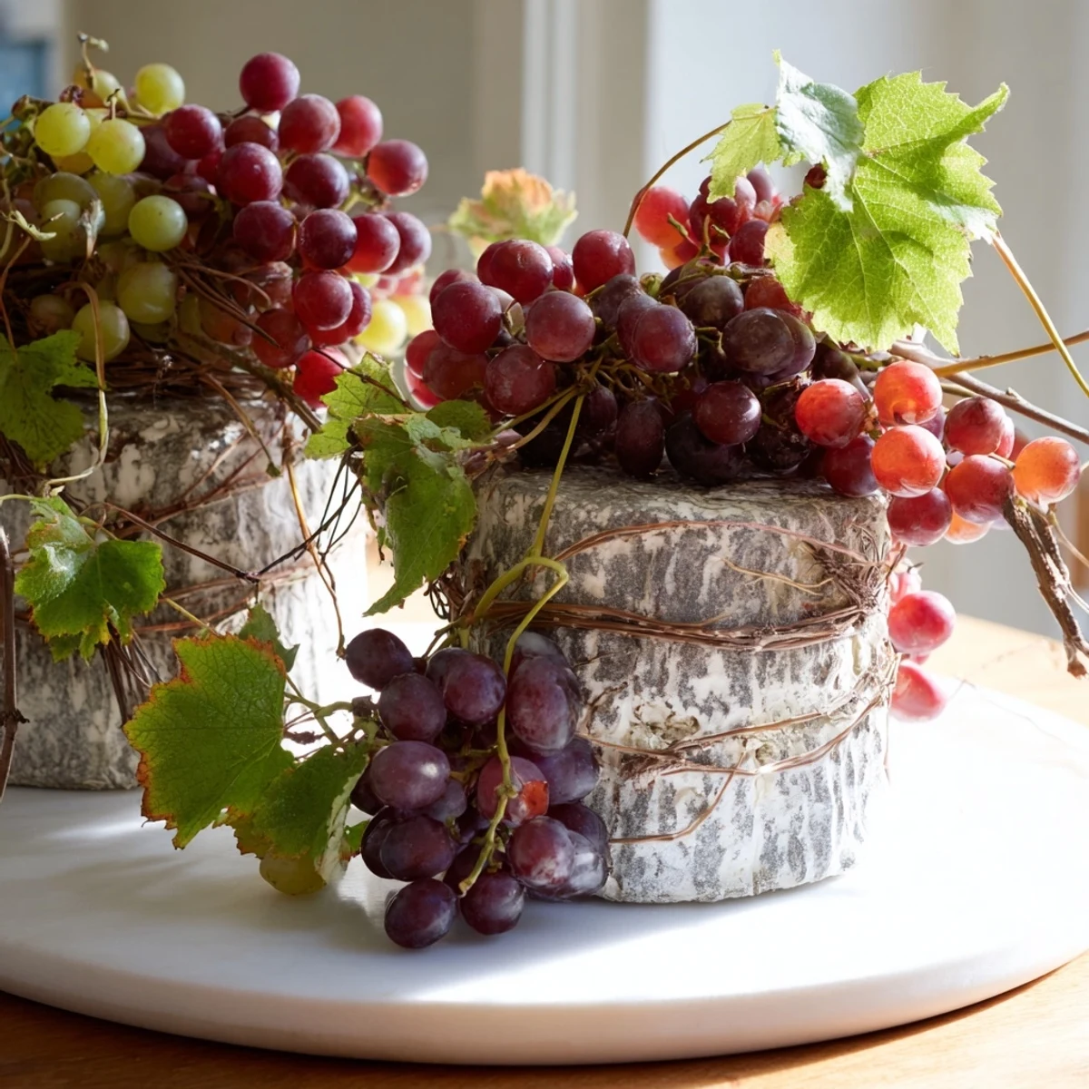 The Rustic Vineyard presentation features young cheese wheels adorned with fresh grapevines for a stunning appetizer.