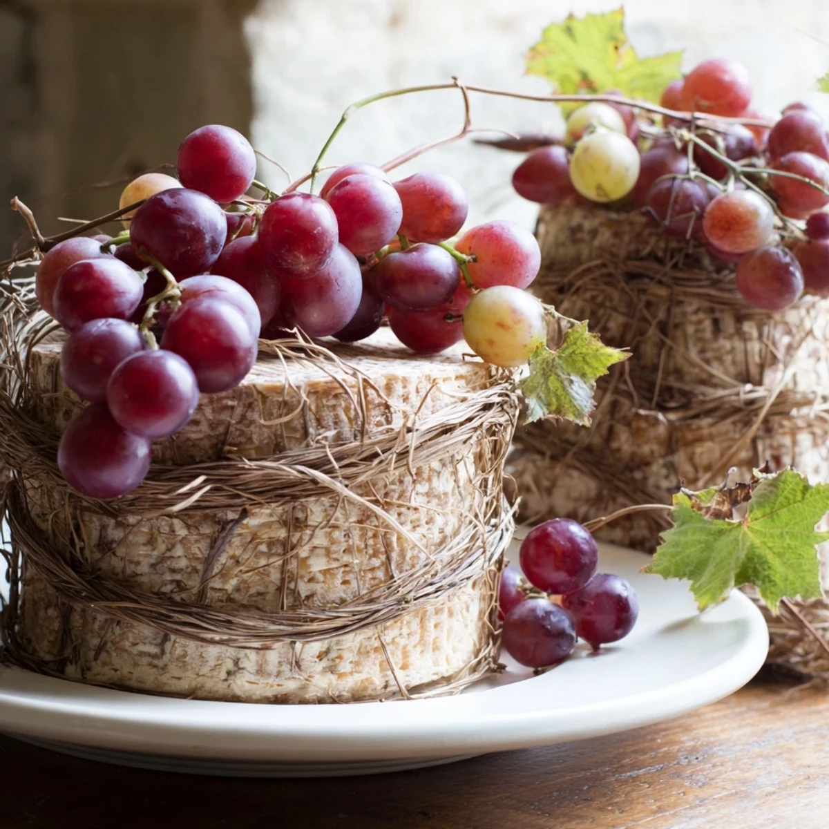 A vibrant display of The Rustic Vineyard, showcasing cheese wheels and fresh grapes, ready to serve and enjoy.