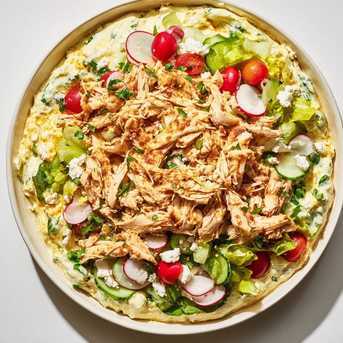 A tempting bowl of Green Goddess Chicken Nacho Dip, ready to be scooped up with crispy tortilla chips.