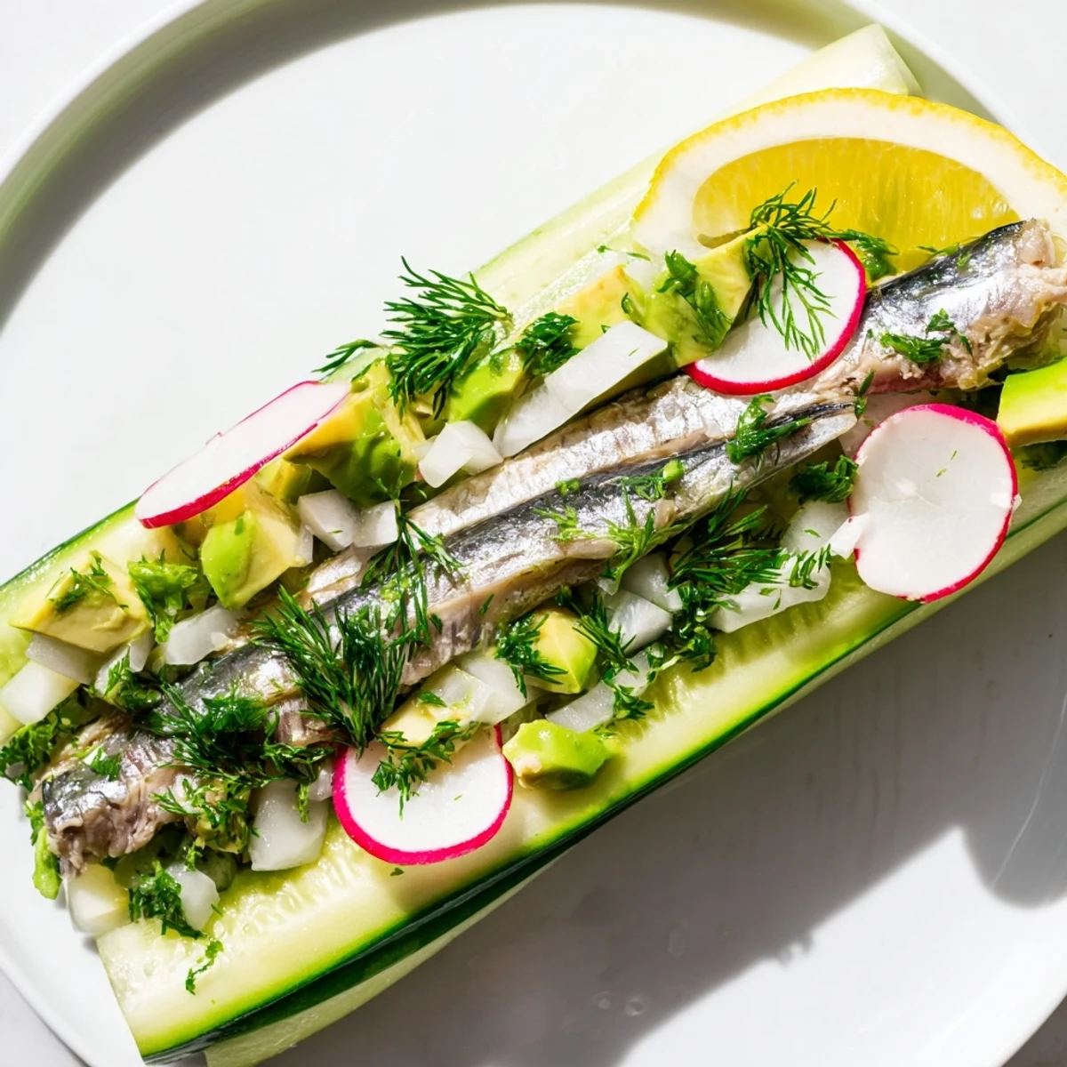 Vibrant Cucumber and Tinned Fish Date Night Salad with creamy avocado, ready to serve and enjoy.