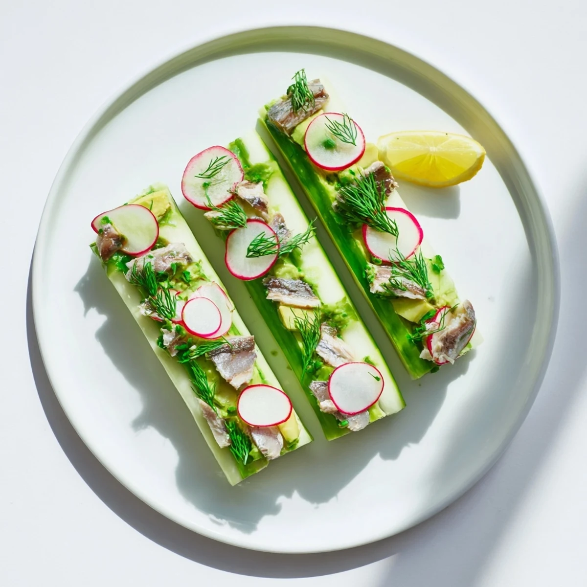 Freshly assembled Cucumber and Tinned Fish Date Night Salad: showcasing sliced cucumbers, and fish.