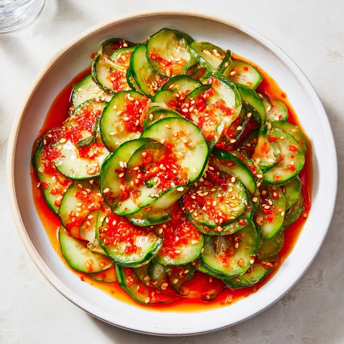 Vibrant photo shows the Cucumber Shaker Salad with chili crisp: crunchy cucumbers, scallions, and a spicy kick.
