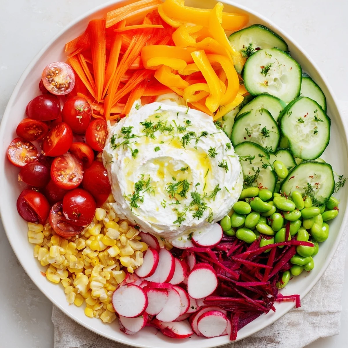 See a stunning, delicious The Prism Burst salad with rainbow layers around a creamy white base.